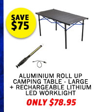 Aluminium Roll Up Camping Table - Large + Rechargeable Lithium LED Worklight