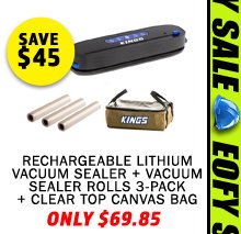 Rechargeable Lithium Vacuum Sealer + Vacuum Sealer Rolls 3-Pack + Clear Top Canvas Bag