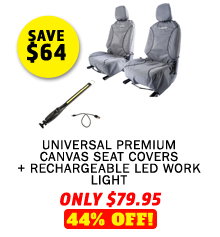 Universal Premium Canvas Seat Covers (Pair) + Rechargeable LED Work Light
