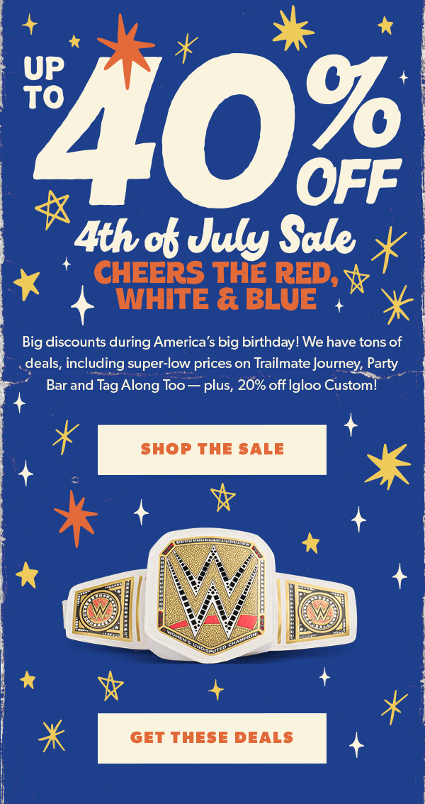 Text on colorful blue background | Text "Up to 40% Off, 4th of July Sale, Cheers the red, white & blue"