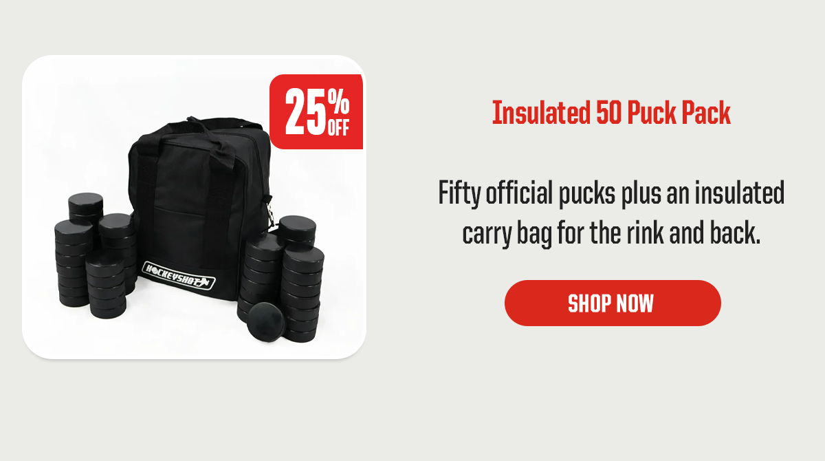 Product Block 6: Insulated 50 Puck Pack. Fifty official pucks plus an insulated carry bag for the rink and back. CTA: Shop Now