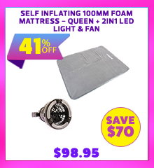 Self Inflating 100mm Foam Mattress - Queen + 2in1 LED Light & Fan
