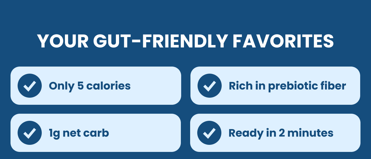 Your Gut-Friendly Favorites * Only 5 calories * 1g net carb * Rich in prebiotic fiber * Ready in 2 minutes