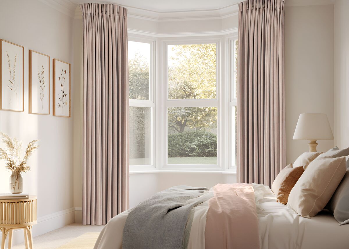 Floor-length, pencil pleat curtains framing a large bay window in a neutral-toned bedroom