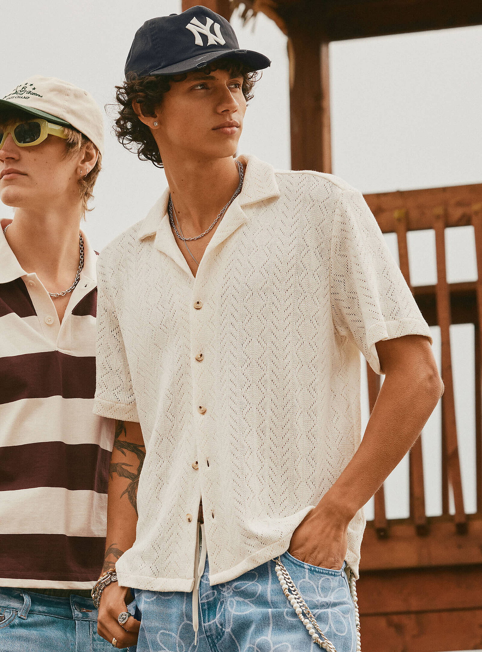 Pointelle knit camp shirt