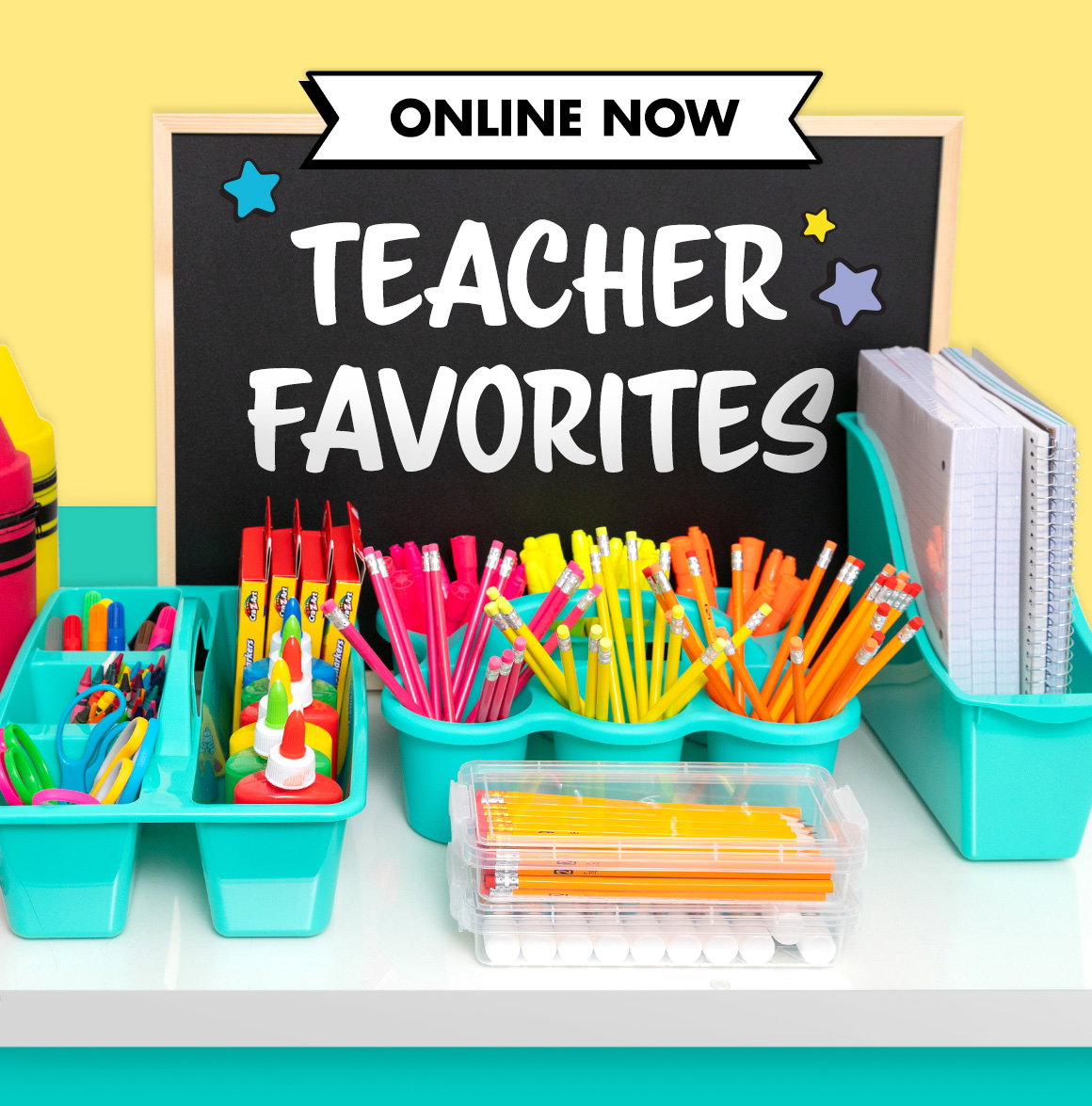 Teacher Favorites. Image of neatly arranges school supplies like pencils, glue, markers, scissors, notebooks, and paper.