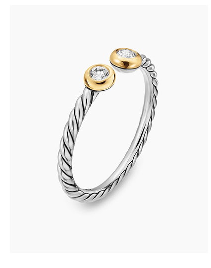 Cable Open Round RingSterling Silver with 14K Yellow Gold and Diamonds, 1.7mm
