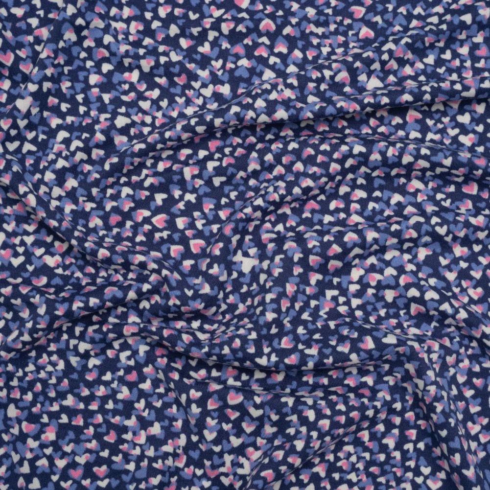Image of Stretch Polyester ITY Jersey - Blue, Periwinkle and Pink Explosion of Hearts - Deadstock