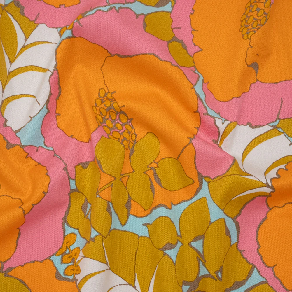 Image of Stretch Cotton Broken Twill Print by Trina Turk - Pink, Orange and Sky Blue Floral - Designer Deadstock