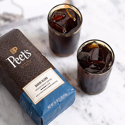 Peet's Baridi Blend and glasses of cold brew iced coffee