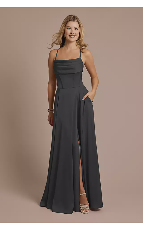 Matte Satin Cowl Neck Spaghetti Strap A-Line Dress