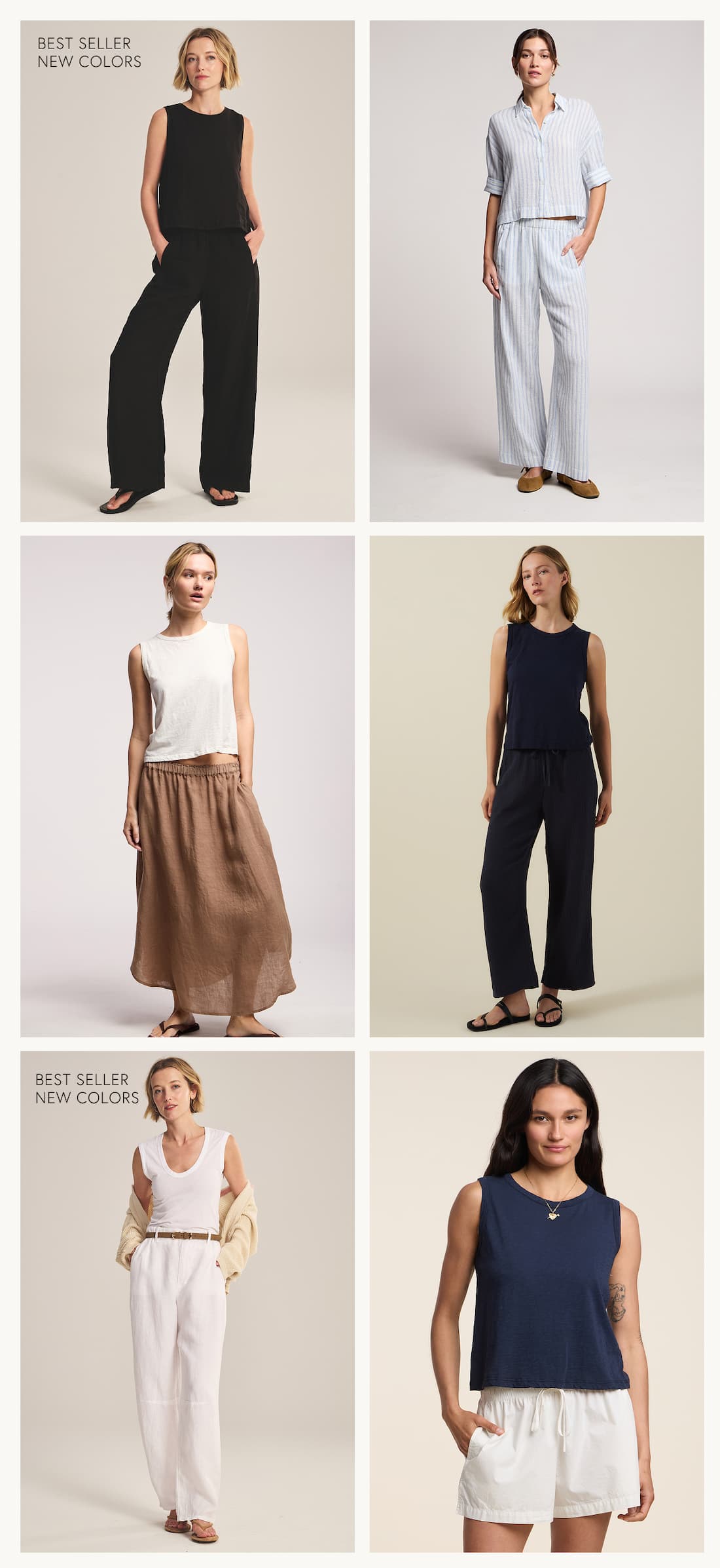Image shows a model wearing the Lola Pant in Black, a model wearing the Evony Pants in White/Blue, a model wearing the Clove Shorts in Beach, a model wearing the Virginia Skirt in Tree, a model wearing the Franny Pants in Navy, and a model wearing the Taylor Pants in White.