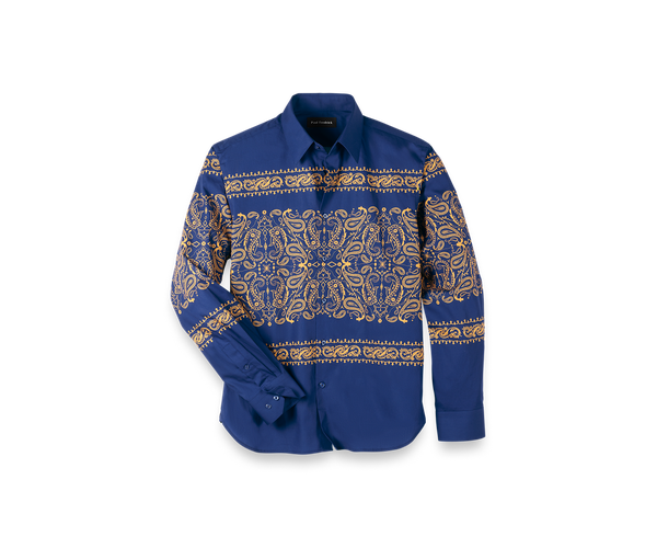 Cotton Paisley Point Collar Casual Shirt - Blue/gold-Classic Fit / Medium