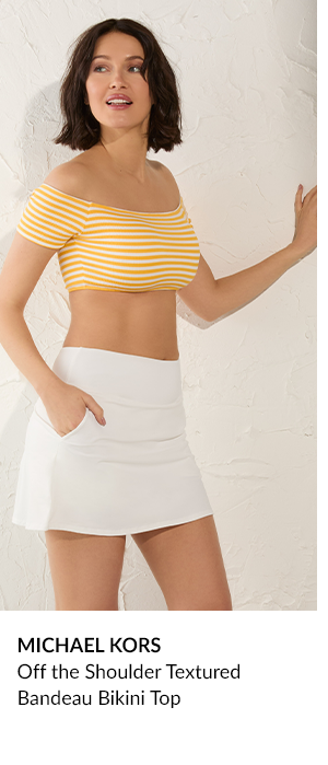Shop Michael Kors Off the Shoulder Textured Bandeau Bikini Top - St Tropez StripeMichael Kors Off the Shoulder Textured Bandeau Bikini Top in St Tropez Stripe
