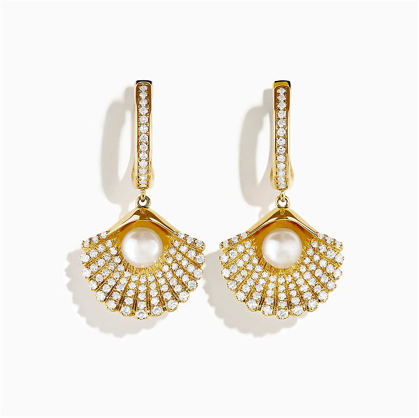 14K Yellow Gold Cultured Pearl and Diamond Shell Earrings
