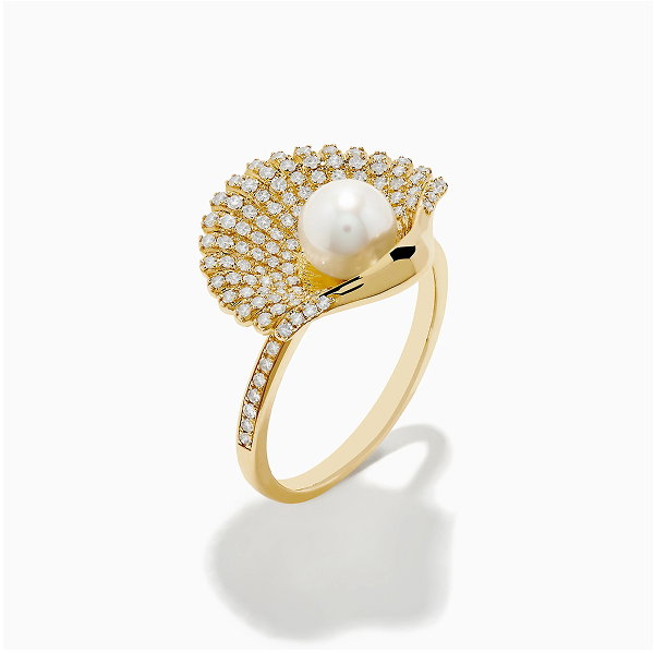 14K Yellow Gold Cultured Pearl and Diamond Shell Ring