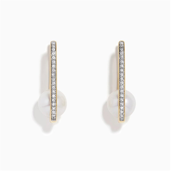 14K Yellow Gold Fresh Water Pearl and Diamond Square Hoop Earrings