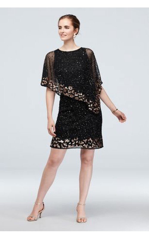 Bead and Sequin Asymmetric Chiffon Capelet Dress