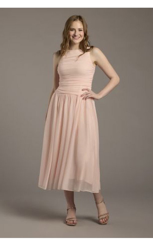 Ruched Mesh Drop Waist Midi Dress