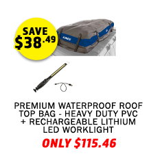 Premium Waterproof Roof Top Bag - Heavy Duty PVC + Rechargeable Lithium LED Worklight