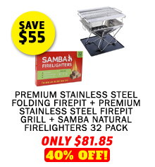 Premium Stainless Steel Folding Firepit + Premium Stainless Steel Firepit Grill + SAMBA Natural Firelighters 32 Pack