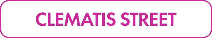 Rectangular street sign graphic featuring the words "CLEMATIS STREET" in bold magenta text. The text is centered on a white background with a magenta border. The design is simple and flat, suitable for maps, wayfinding, or digital interfaces. The overall look is clean and modern with high contrast for readability.
