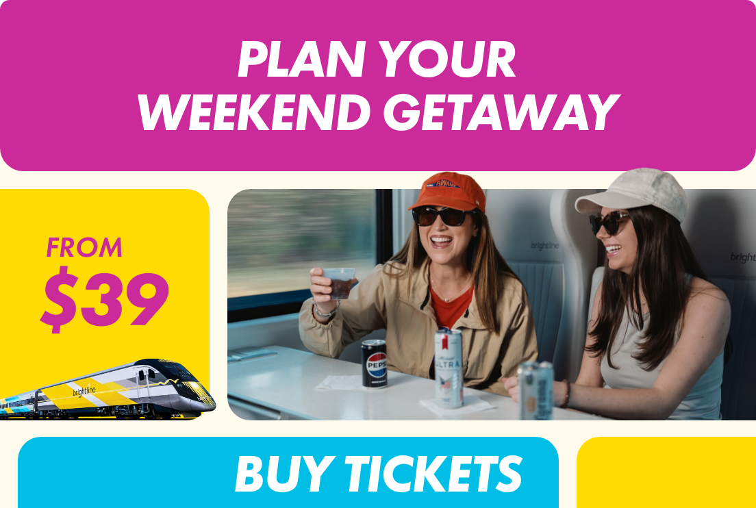 Promotional graphic advertising a weekend getaway by train with fares starting from $39. The central image shows two young women sitting together on a modern train, drinking beverages and chatting. Bright blocks of color frame the scene with bold text including "PLAN YOUR WEEKEND GETAWAY," "FROM $39," and "BUY TICKETS." A stylized passenger train illustration appears in the lower left, reinforcing the travel theme.