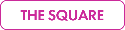 Rectangular button-style graphic featuring the words THE SQUARE in bold magenta text. The text is centered on a white background with a rounded magenta border. The design is simple and flat, suitable for use as a web or app interface element. The overall look is clean, modern, and minimalistic.