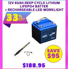 12V 65Ah Deep Cycle Lithium LiFePO4 Battery + Rechargeable Lithium LED Worklight