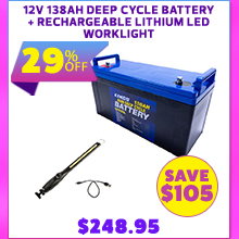 12V 138Ah Deep Cycle Battery + Rechargeable Lithium LED Worklight