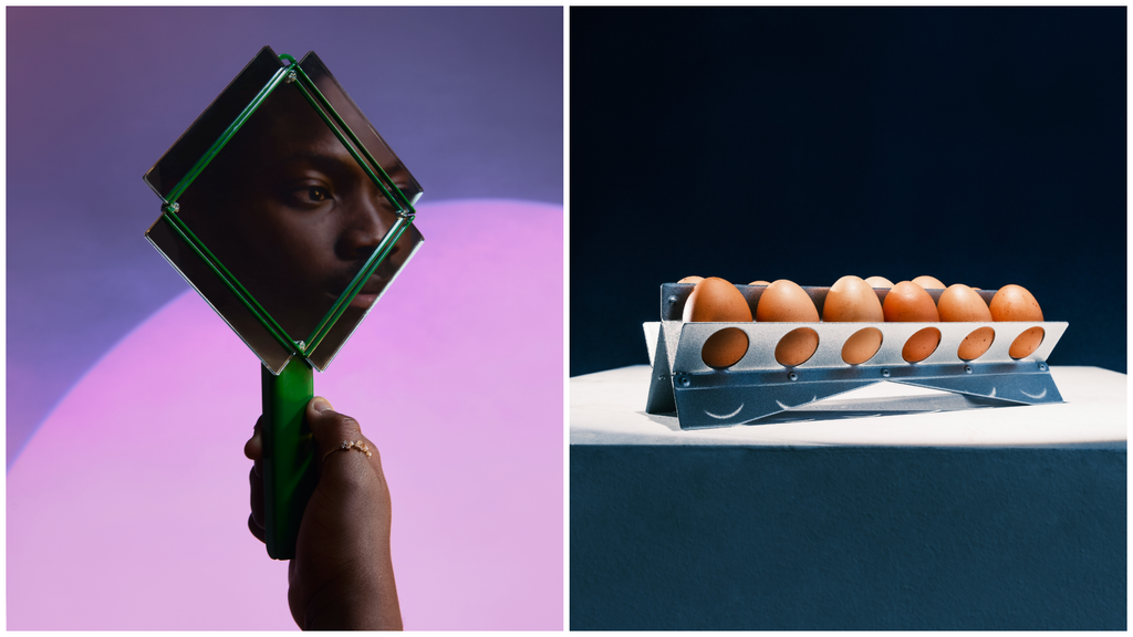 A mirror and contemporary egg carton