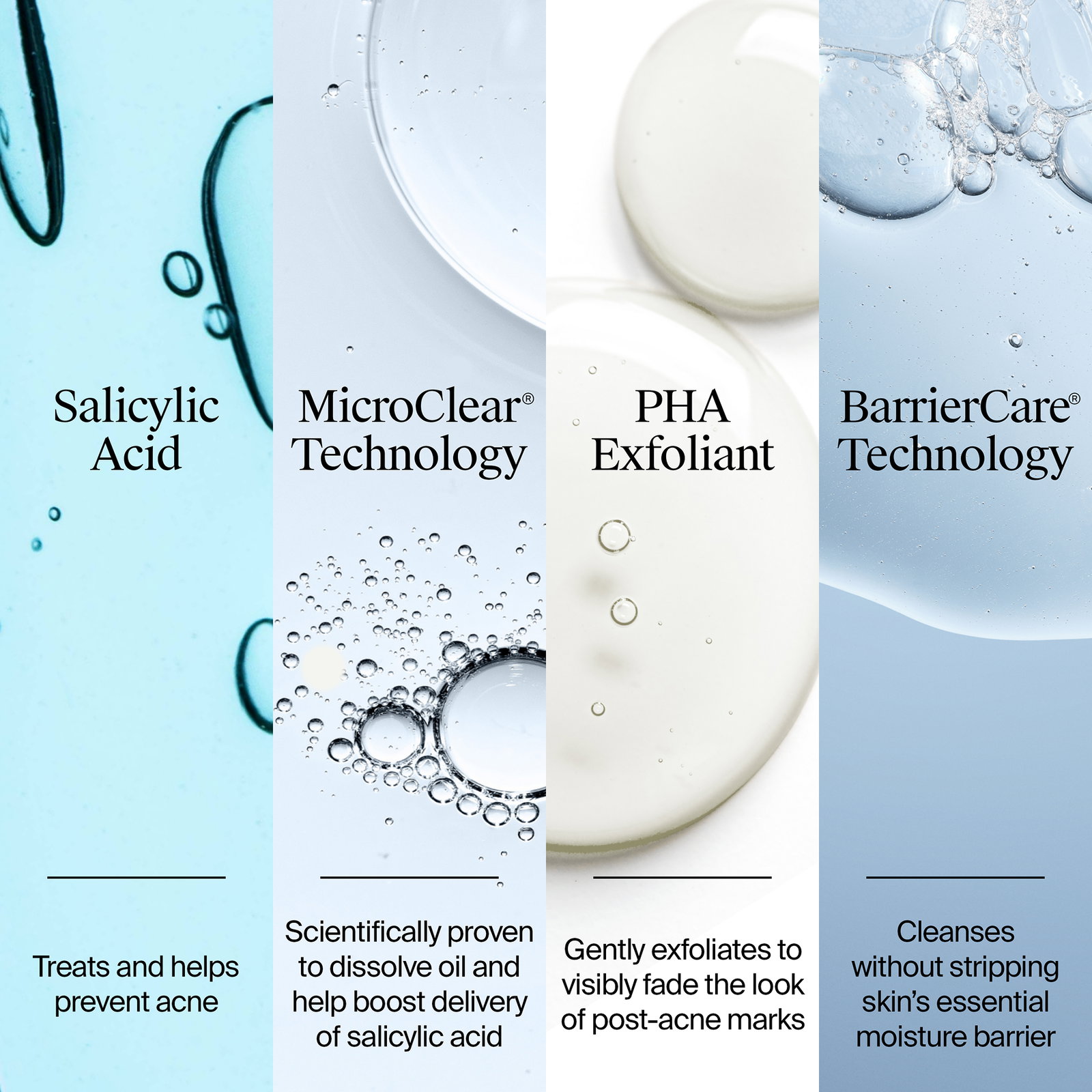 Key Ingredients include: Salicylic Acid prevents acne. MicroClear® Technology dissolves oil and boosts salicylic acid. PHA exfoliant exfoliates. BarrierCare®Technology cleanses.