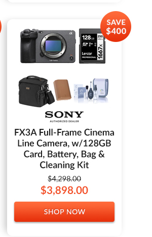 Sony FX3A Full-Frame Cinema Line Camera, w/128GB Card, Battery, Bag & Cleaning Kit
