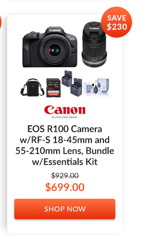 Canon EOS R100 Camera w/RF-S 18-45mm and 55-210mm Lens, Bundle w/Essentials Kit