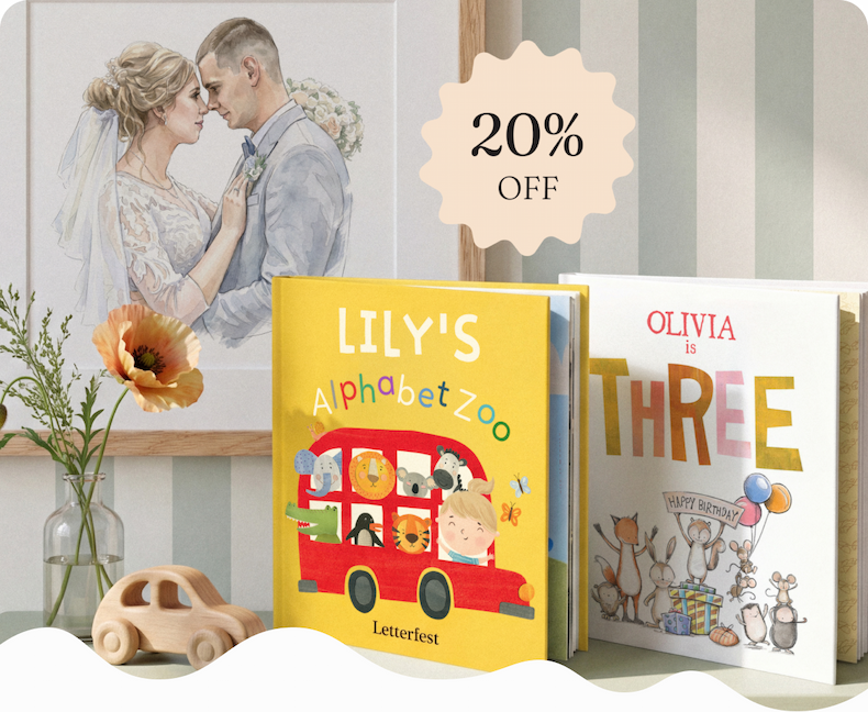 A watercolour illustration of a bride and groom, displayed alongside two personalised children's books and a wooden toy car, with a 20% off badge overlay