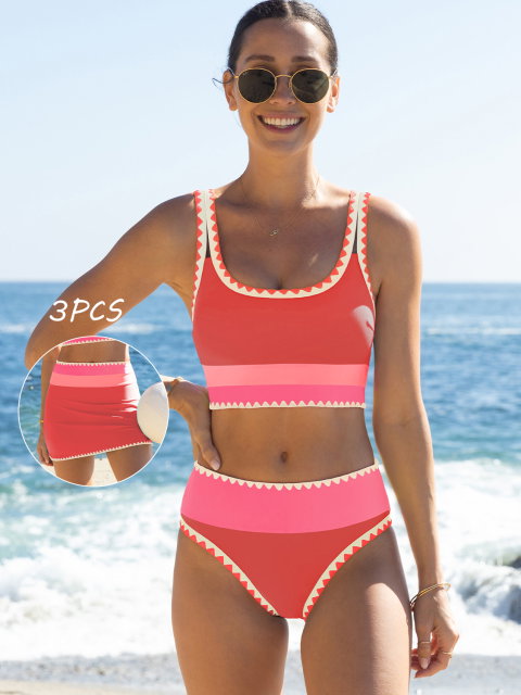 3-Piece Colorblock Bikini Set with Skirt