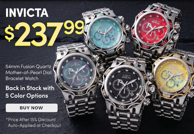 INV-49168, INV-27808, INV-27809, INV-49166, INV-49167 INVICTA | Men's 54mm Fusion Quartz Chronograph Mother-of-Pearl Dial Bracelet Watch – Back in Stock with 5 Color Options