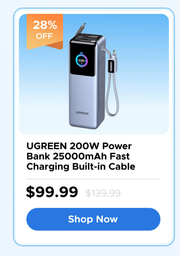 UGREEN 200W Power Bank 25000mAh Fast Charging Built-in Cable