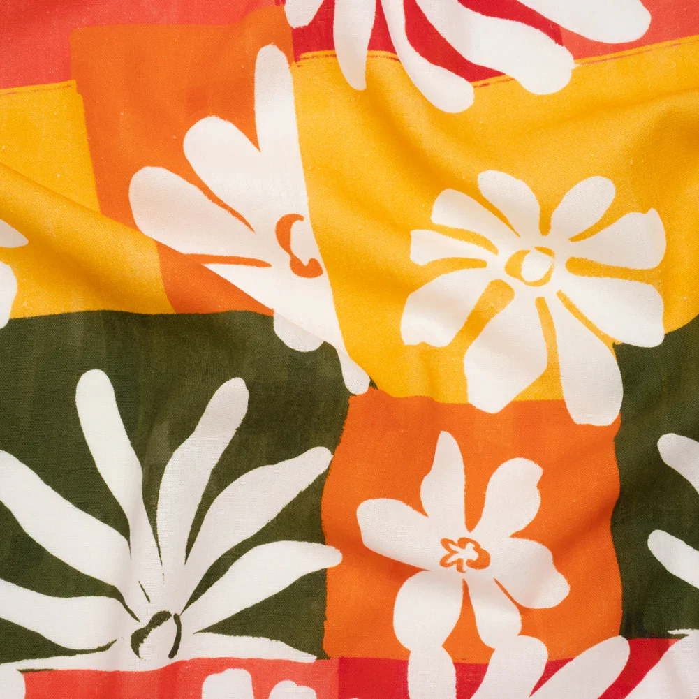 Image of Linen and Rayon Woven - Dark Green, Red Orange and Yellow Floral Patchwork Blocks - Mood Exclusive Blooming Blocks Print