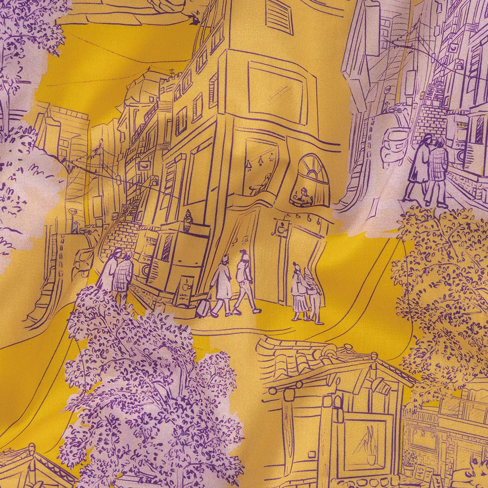 Image of Cotton Voile - Orange and Fair Orchid Streetscapes and Trees - Growing Roots Print - Mood Exclusive Wisteria Collection