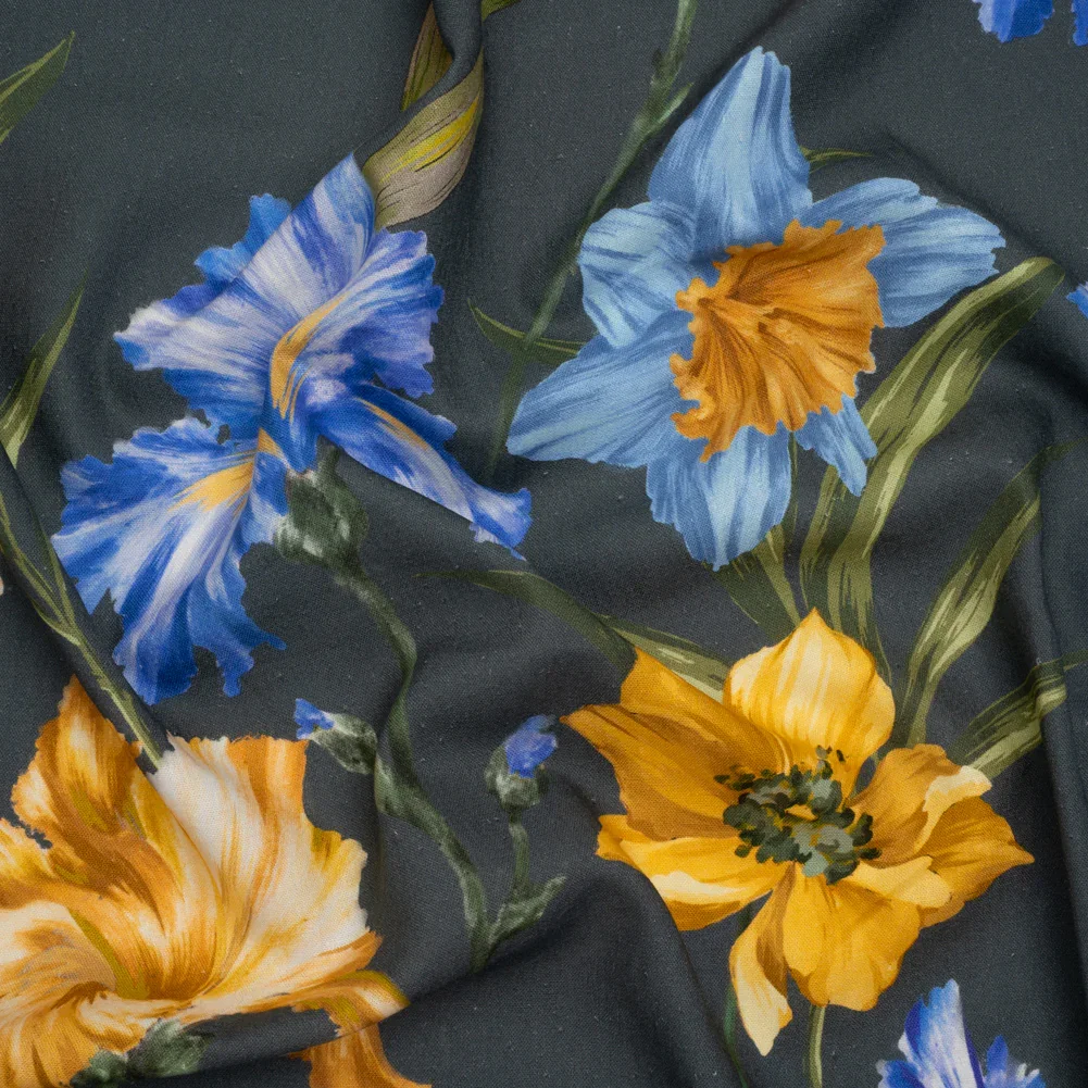 Image of Linen and Rayon Woven - Charcoal, Blue and Goldenrod Yellow Painted Flowers - Mood Exclusive Spring Storm Print