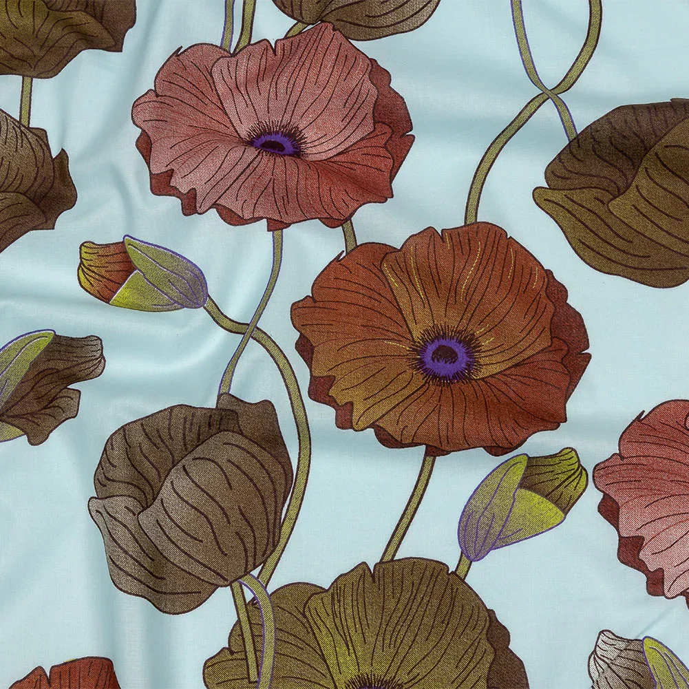 Image of Sky, Olive and Red Big Poppies Cotton Lawn