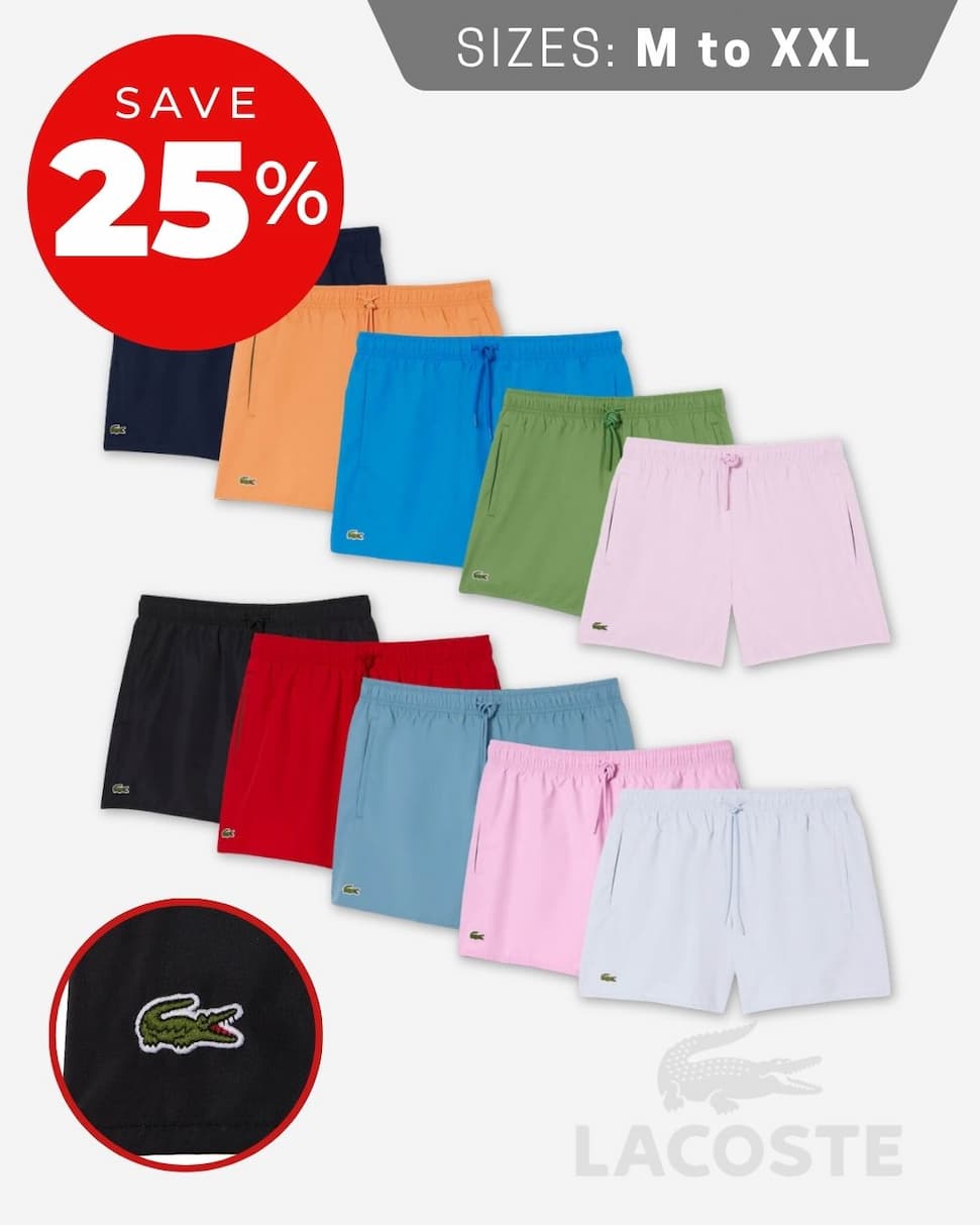 Lacoste Mens 2026 Drawcord Waist Crocodile Elasticated Pool Beach Swim Shorts