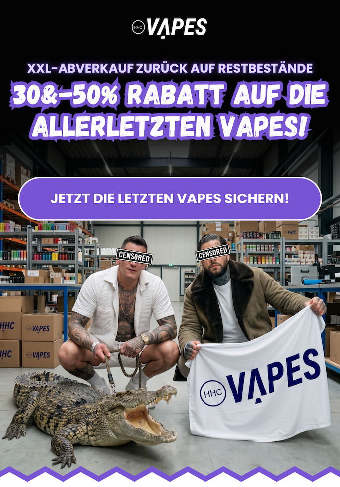 Bild mit Gzuz und seinem Krokodil und Tony im HHC Vapes Lager zum grossen Vape Abverkauf