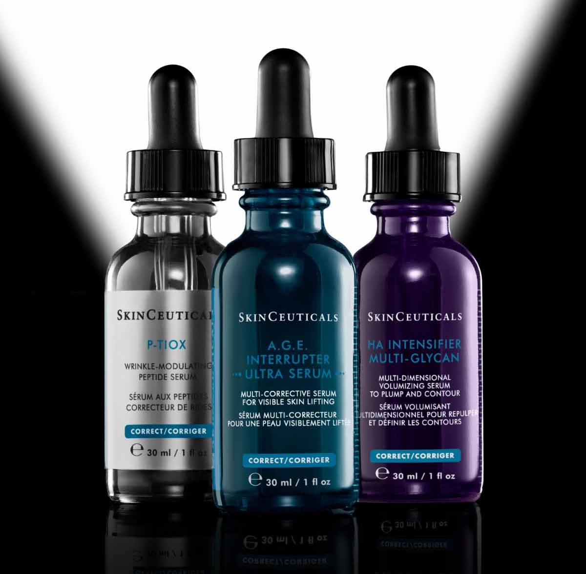 Les sérums C E Ferulic et P-TIOX sur un fond noir