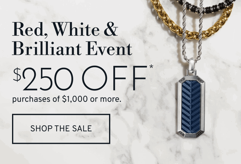 Layered men’s necklaces on a marble surface. $250 OFF* purchases of $1,000 or more. Click to Shop the Sale