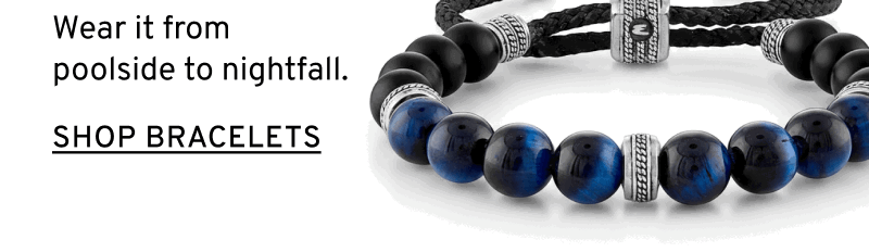 A men’s black and blue beaded bracelet. From poolside to nightfall. Click to Shop Bracelets