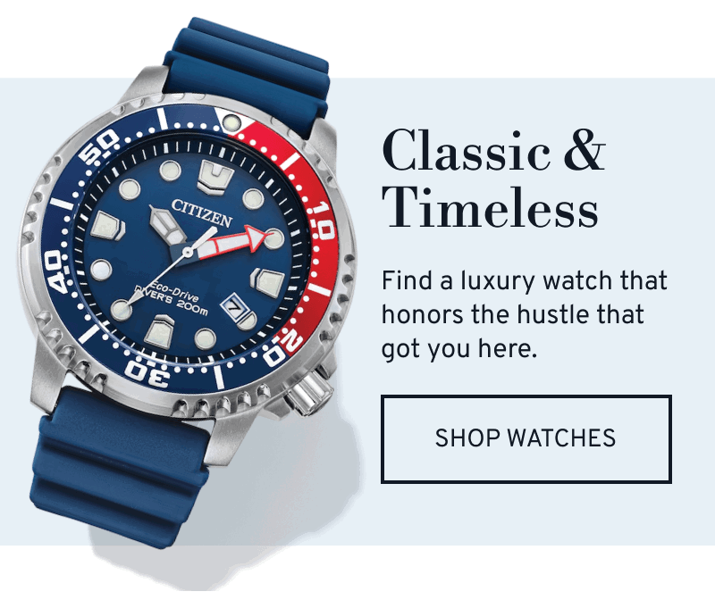 A navy and silver men’s Citizen watch. Find a luxury watch that honors the hustle that got you here. Click to Shop Watches