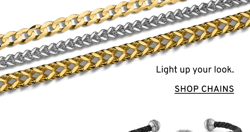 Three men’s classic chain necklaces strung across screen. Light up your look. Click to Shop Chains