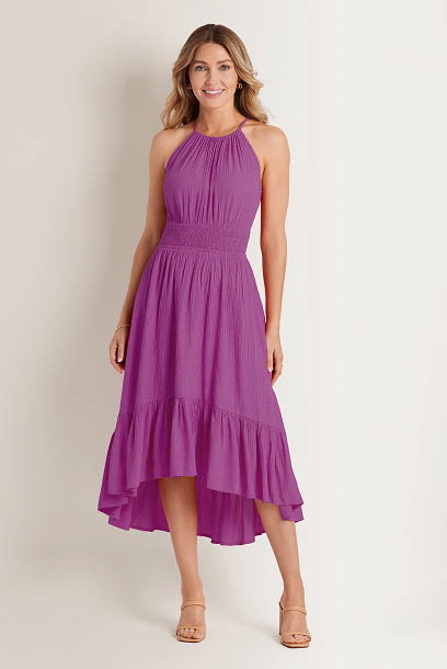 Dotted Viscose Textured Hi-Low Halter Maxi Dress